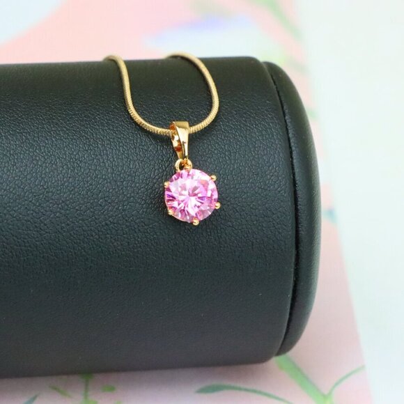 "Sparkling Pink Round Pendant in Gold Finish for Everyday Elegance, XPPT1673 - Picture 4 of 13